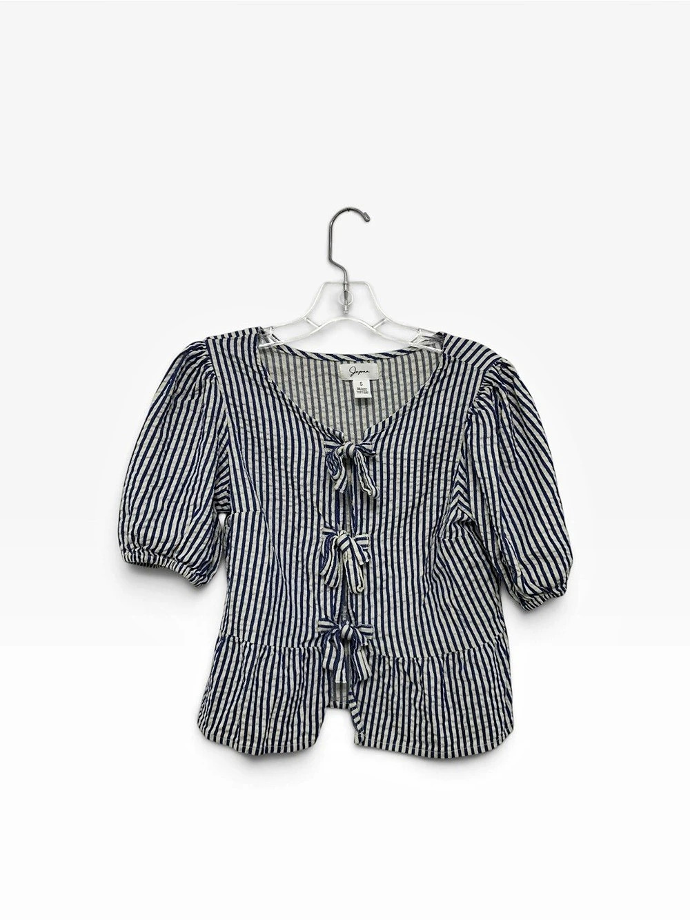 Japna Striped Blue White Square Neck Puff Sleeve Peplum Bow Blouse Womens Small